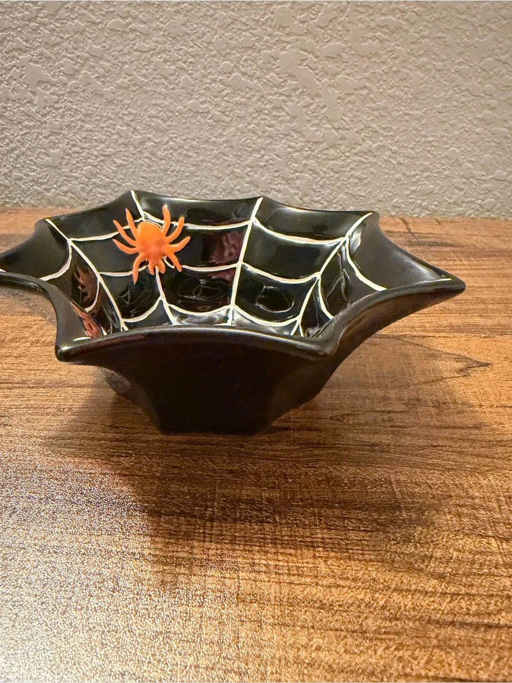 Vintage Pottery Barn Black Spiderweb Ceramic Serving Bowl with Orange Spider
